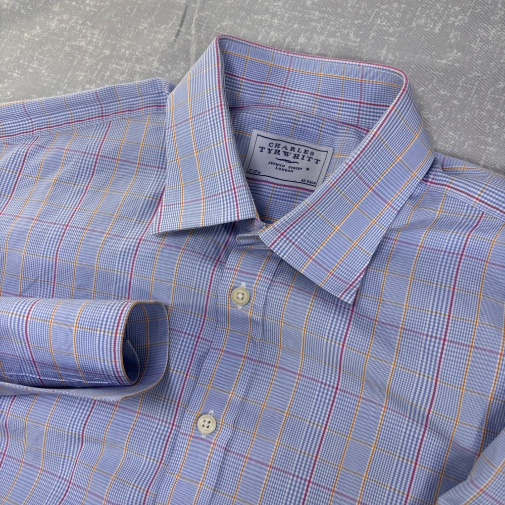 Charles Tyrwhitt Mens 17/37 Blue Multi Check French Cuff Dress Shirt 43/94cm